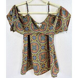 Lily White Cold Shoulder Blouse Chiffon V Neck Top Floral Spaghetti Straps XS